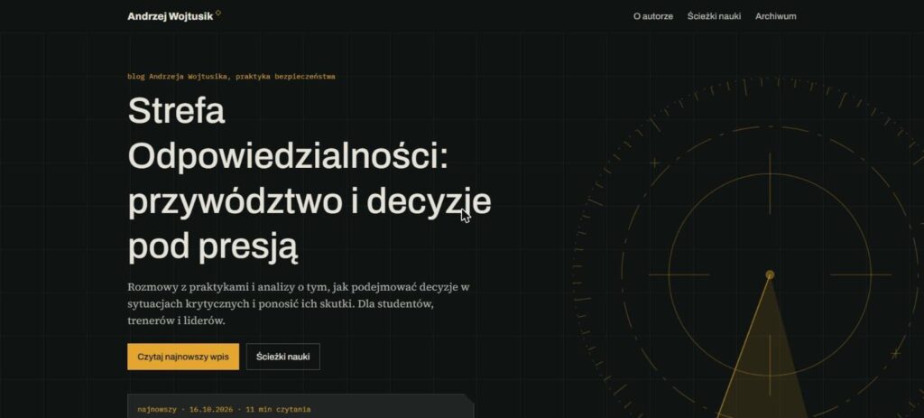 Strona główna bloga Andrzeja Wojtusika na komputerze: nagłówek Strefa Odpowiedzialności i radar na ciemnym tle