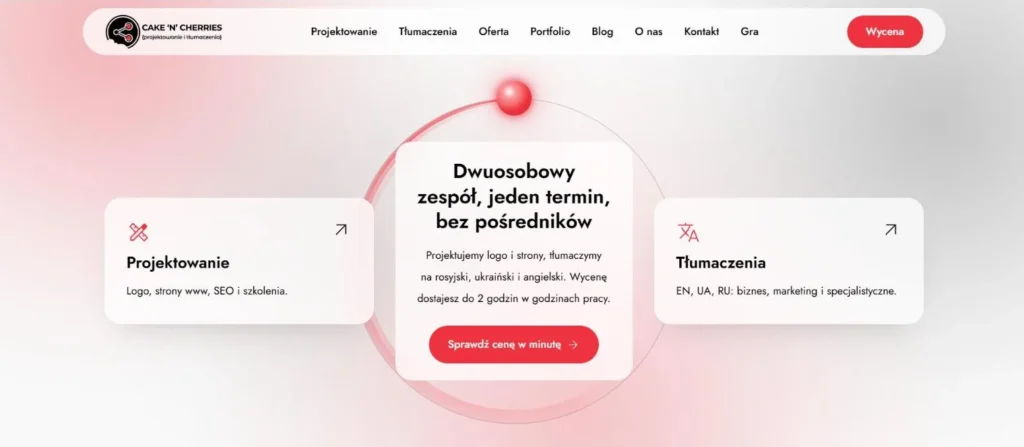 Strona główna Cake’n’Cherries na komputerze: hasło o dwuosobowym zespole, karty Projektowanie i Tłumaczenia oraz czerwony przycisk wyceny
