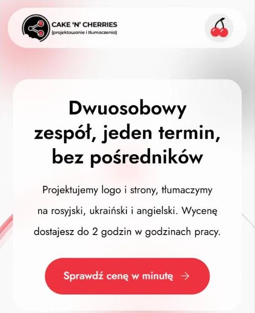 Strona główna Cake’n’Cherries na telefonie: jedna kolumna z logo, hasłem i przyciskiem „Sprawdź cenę w minutę”