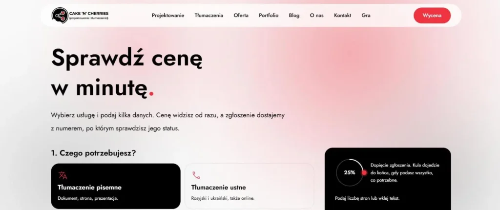 Wycena online Cake’n’Cherries na komputerze: nagłówek „Sprawdź cenę w minutę”, wybór usługi i pasek postępu