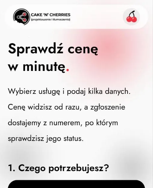 Wycena online Cake’n’Cherries na telefonie: nagłówek „Sprawdź cenę w minutę” i krok 1, wybór usługi
