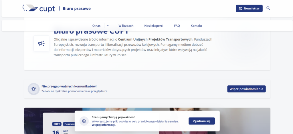Strona główna media.cupt.gov.pl na komputerze: nagłówek, przyciski i najnowszy wpis