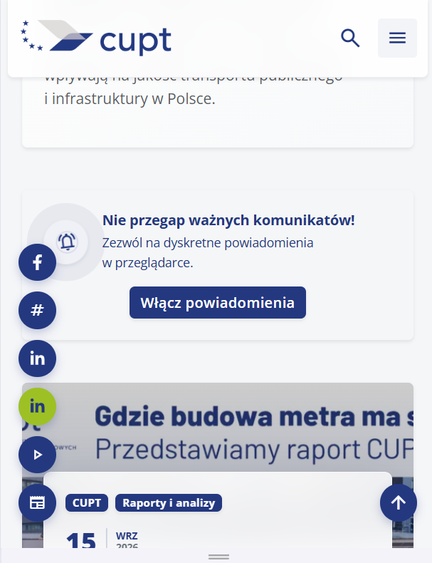 Strona główna media.cupt.gov.pl na telefonie: nagłówek, przyciski i najnowszy wpis